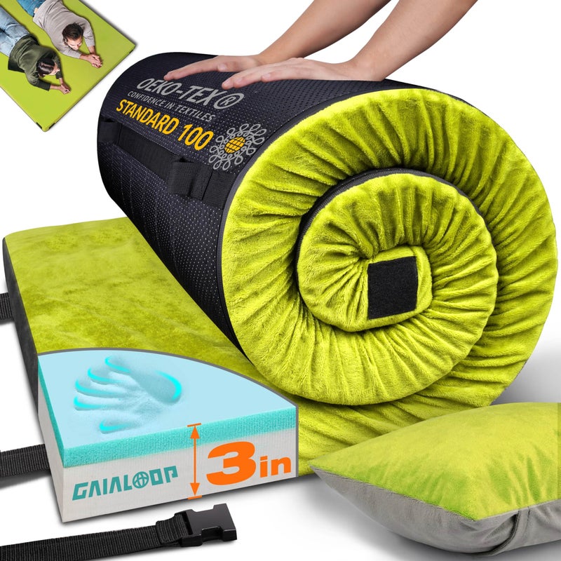 Gaialoop 3 Inch Memory Foam Camping Mattress, Dual Layer Thick Sleeping Camp Pad for Car Tent Cot, Roll-Up Portable Glamping Floor Bed for Guests Sleepover[Full: 75 * 54 * 3"] - Image 1