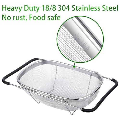 KRESHU Stainless Steel Oval Fine Mesh Colander Strainer with Rubber Grip Handle| Multi-Functional Large Over The Sink Basket Expandable Drainer for Rinse Vegetables Fruits 35.6x25.4x11.4 (Pack of 1) - Image 2