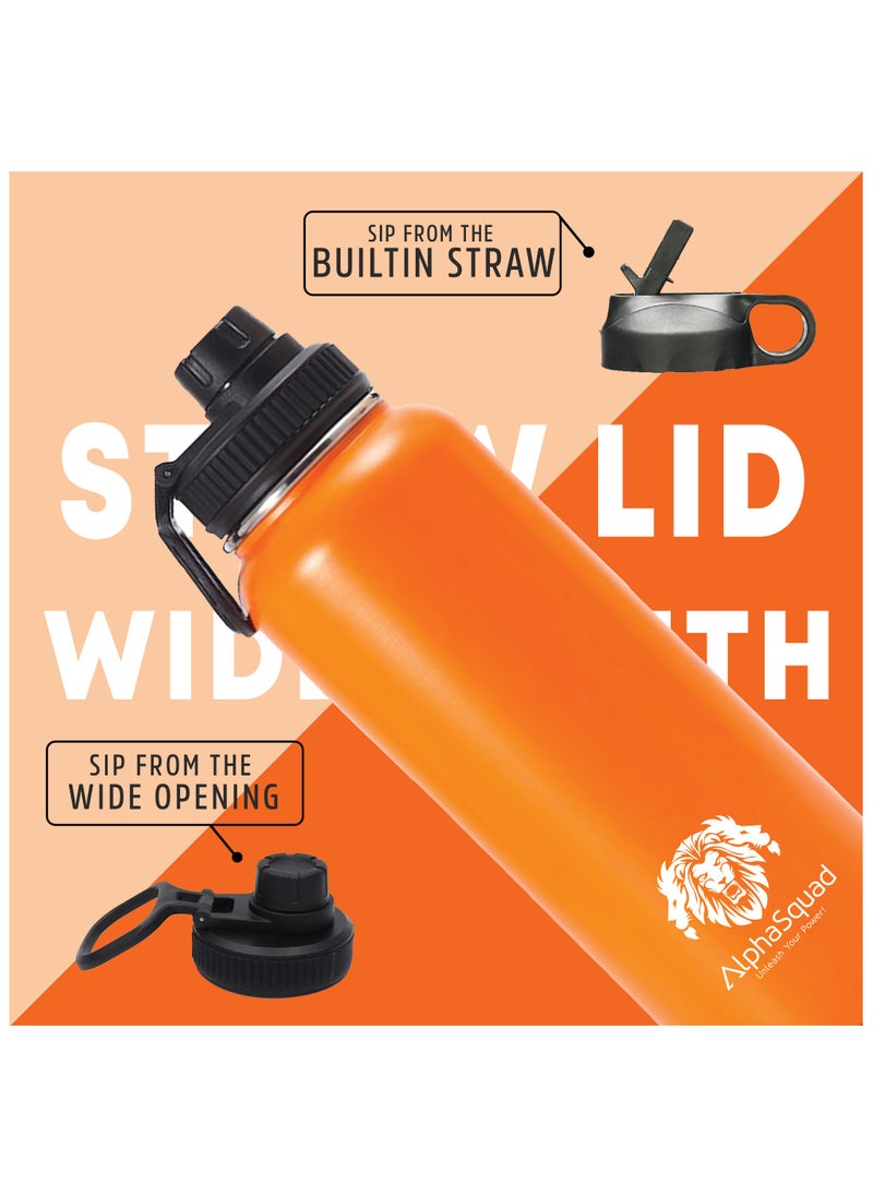 AlphaSquad - 40Oz / 1200Ml Vacuum Insulated Flask, Double Walled Thermolab Series Stainless Steel Sports Water Bottle With Straw Lid, 2 Lids Included, Hot Cold Thermos, Sports Bottle (Orange) - Image 1