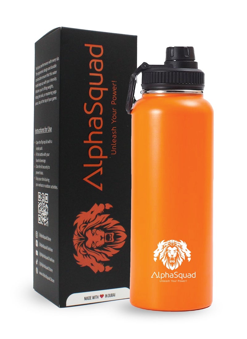 AlphaSquad - 40Oz / 1200Ml Vacuum Insulated Flask, Double Walled Thermolab Series Stainless Steel Sports Water Bottle With Straw Lid, 2 Lids Included, Hot Cold Thermos, Sports Bottle (Orange) - Image 1
