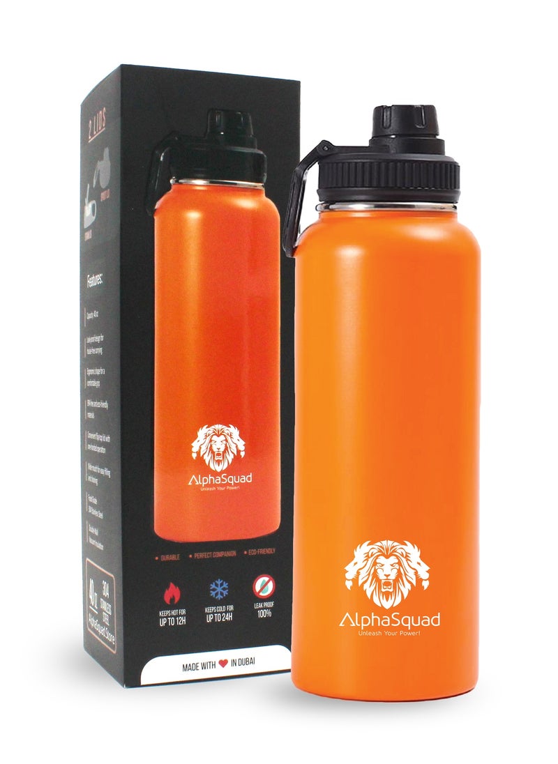AlphaSquad - 40Oz / 1200Ml Vacuum Insulated Flask, Double Walled Thermolab Series Stainless Steel Sports Water Bottle With Straw Lid, 2 Lids Included, Hot Cold Thermos, Sports Bottle (Orange) - Image 1