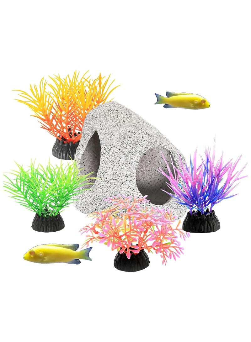 NANAO Aquarium Hideaway Rock Cave, Ceramic Fish Tank Decorations for Betta, Shrimp & Guppy, Safe & Non-Toxic Aquarium Accessories, Fish Tank Ornament with 1 Rock & 4 Decorative Seagrasses  - Image 1