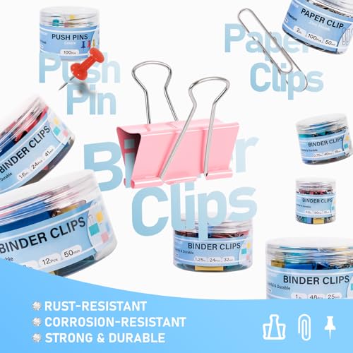 WORPSON 408 PCS Binder Clips Paper Clamps Assorted Sizes and Push Pins, Binding Paperwork Clamp Bulk, School Teachers Office Supplies (Multicolor) - Image 2