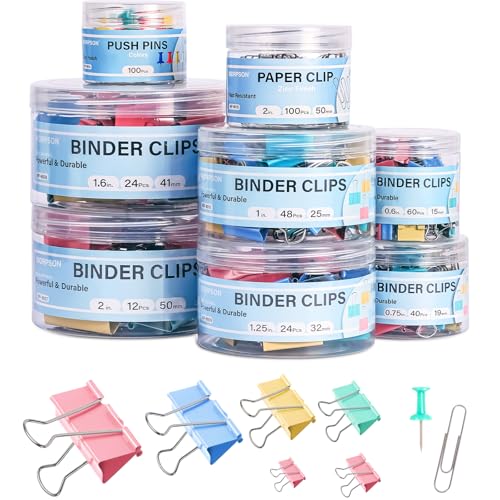 WORPSON 408 PCS Binder Clips Paper Clamps Assorted Sizes and Push Pins, Binding Paperwork Clamp Bulk, School Teachers Office Supplies (Multicolor) - Image 1