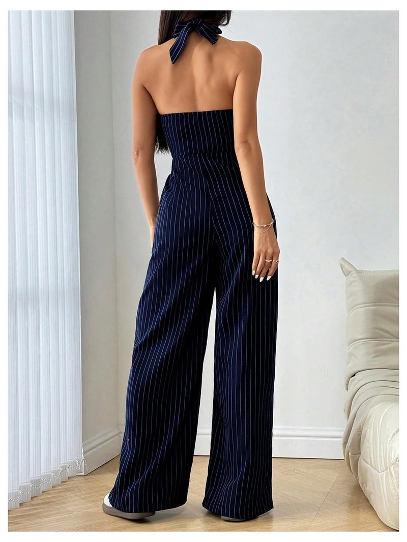 Verdusa Women's Striped Button Down Halter Jumpsuits Sleeveless High Waisted Straight Leg One Piece Dressy Rompers Dark Blue Small - Image 2