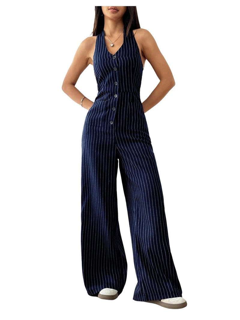 Verdusa Women's Striped Button Down Halter Jumpsuits Sleeveless High Waisted Straight Leg One Piece Dressy Rompers Dark Blue Small - Image 1