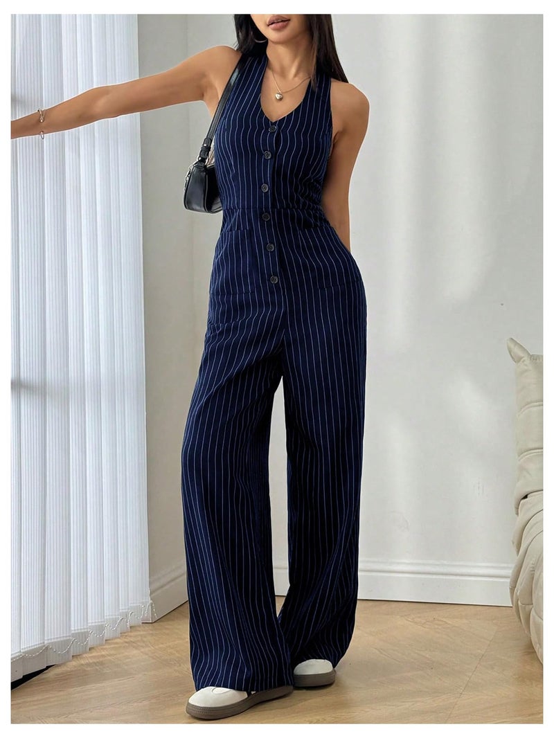 Verdusa Women's Striped Button Down Halter Jumpsuits Sleeveless High Waisted Straight Leg One Piece Dressy Rompers Dark Blue Small - Image 5