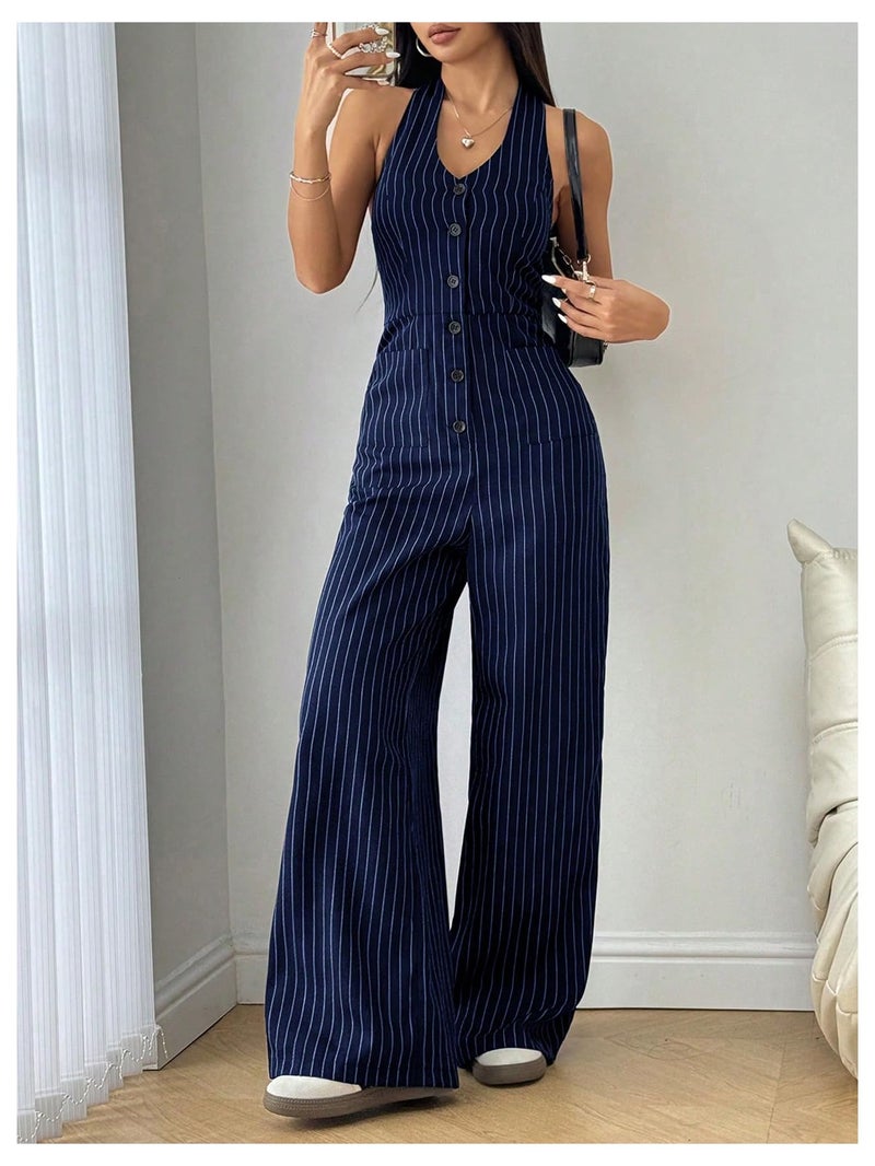 Verdusa Women's Striped Button Down Halter Jumpsuits Sleeveless High Waisted Straight Leg One Piece Dressy Rompers Dark Blue Small - Image 4
