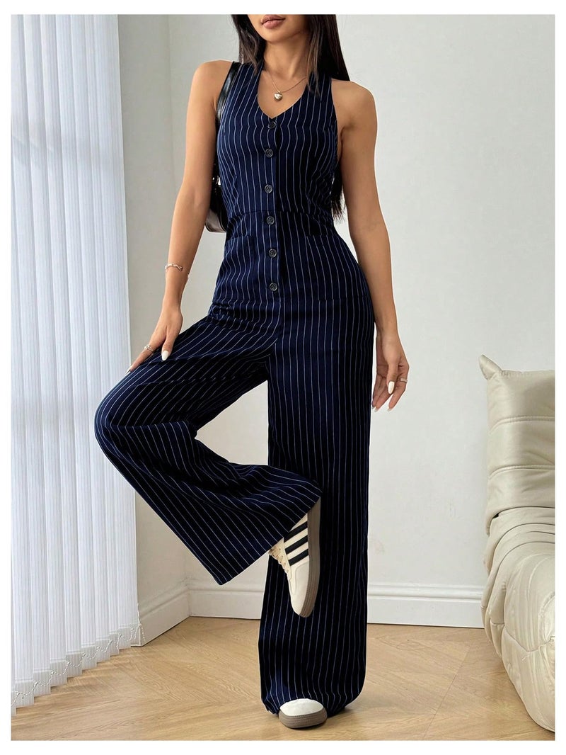 Verdusa Women's Striped Button Down Halter Jumpsuits Sleeveless High Waisted Straight Leg One Piece Dressy Rompers Dark Blue Small - Image 3