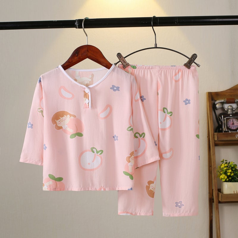 Kids Pajama Set Cotton Breathable Sleepwear Peach Girl 