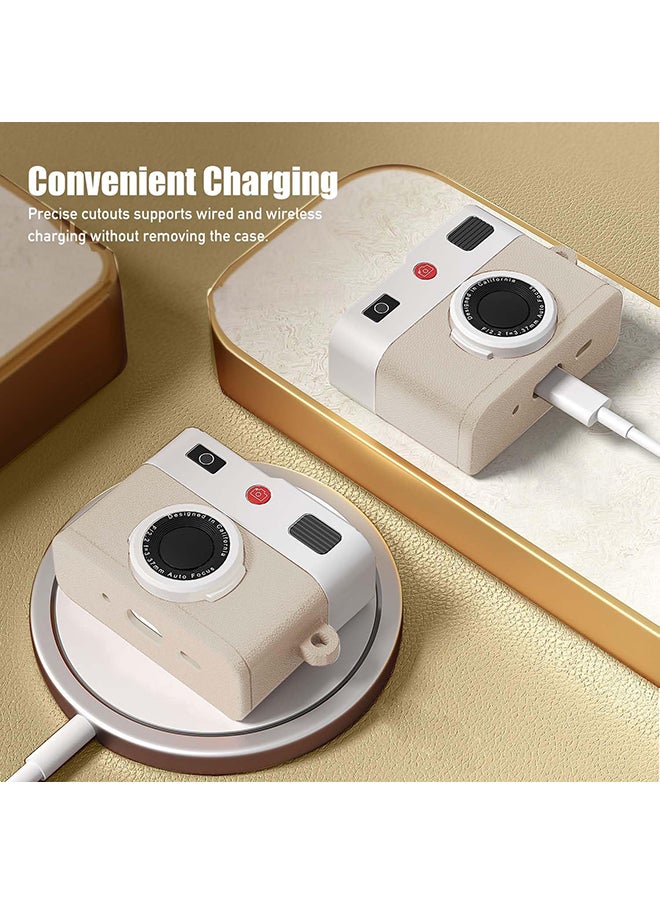 O Ozone Protective Case for Airpods 4 Case Cover with Keychain, Retro 3D Camera Protective Silicone Skin Headphone Case Cover- Beige  - Image 3