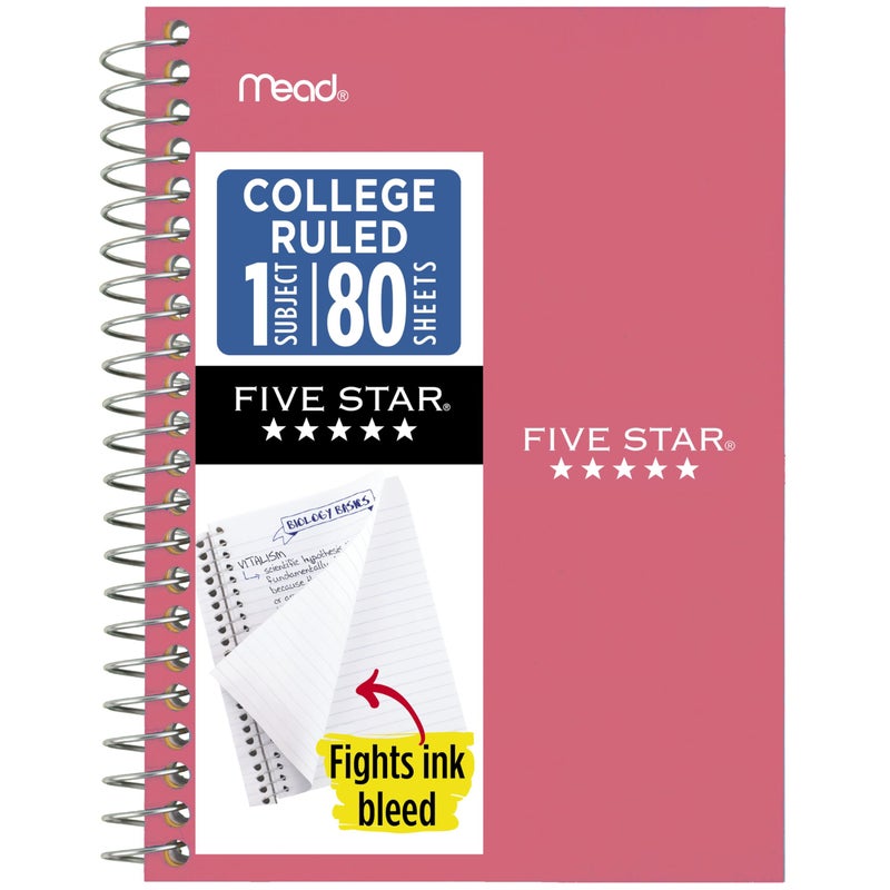 Five Star Spiral Notebook, 1 Subject, College Ruled Paper, 4-3/8" x 7", Personal Size, 80 Sheets, Fights Ink Bleed, Water Resistant Cover, Prom Pink (450048R) - Image 1
