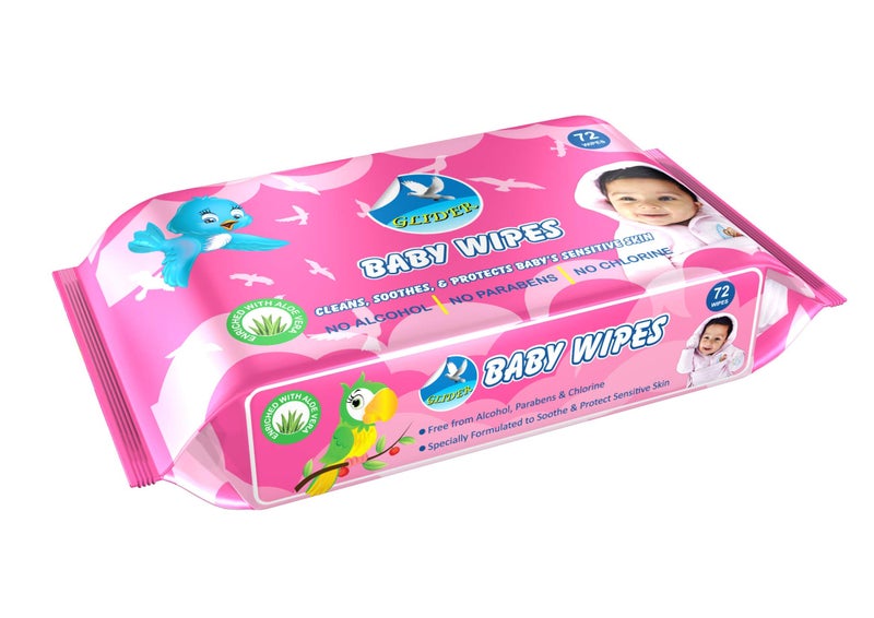 Glider Baby Wipes with Aloe Vera,Vitamin E & Mild Fragrance for Baby's Sensitive Skin (Pack of 1 (72 Wipes)) - Image 1