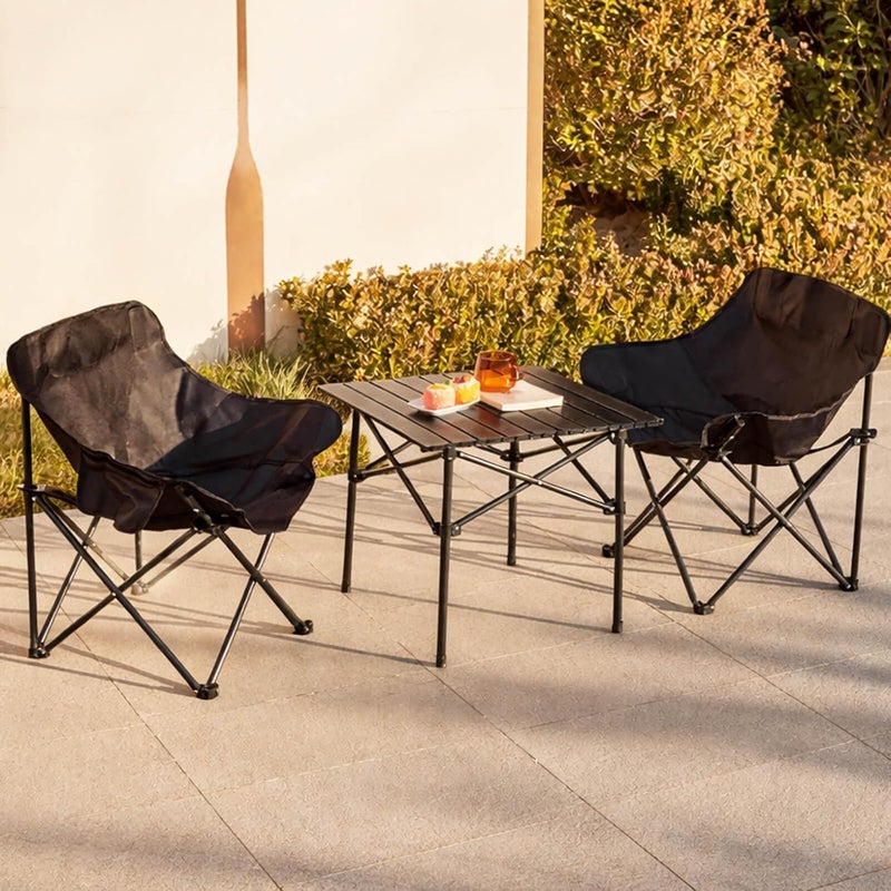 Hompenny 3Pcs Camping Chair Set, Foldable Camping Table & Chair with Side Pocket, Carry Bag, Ideal for Patio, Garden, Living Room (Black, 50×50×50cm) - Image 1