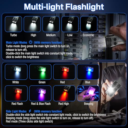 BORUIT V20 LED Small Powerful EDC Flashlight with Clip,180°Head Swivels,Super Bright USB C Rechargeable Mini Pocket Keychain Flash Light with Red COB Light-14 Mode,IP67,Magnetic,110DB Buzzer(White) - Image 3