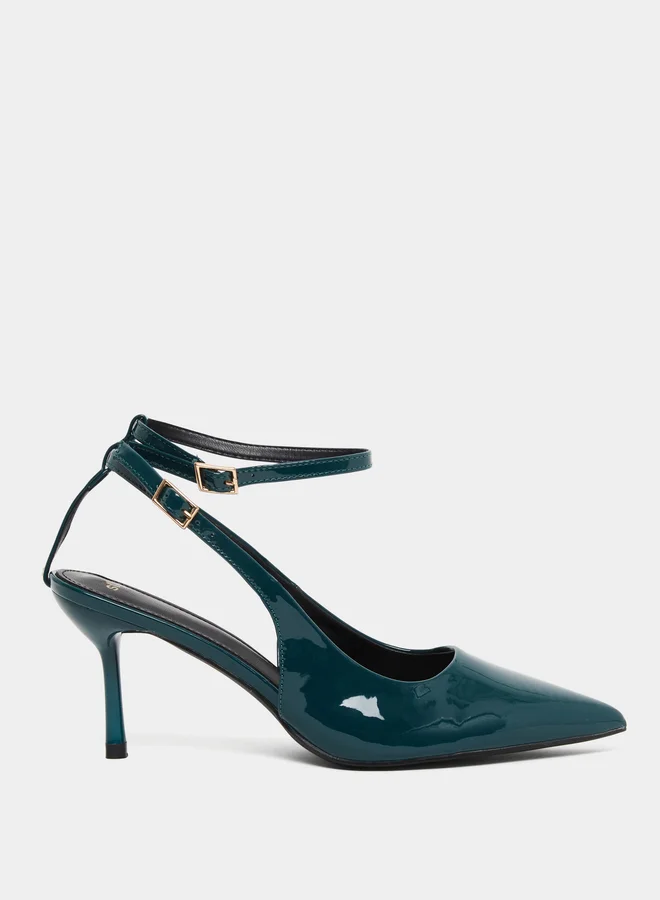 Styli Styli Dark Green Ankle Strap Stiletto Heel Sandals