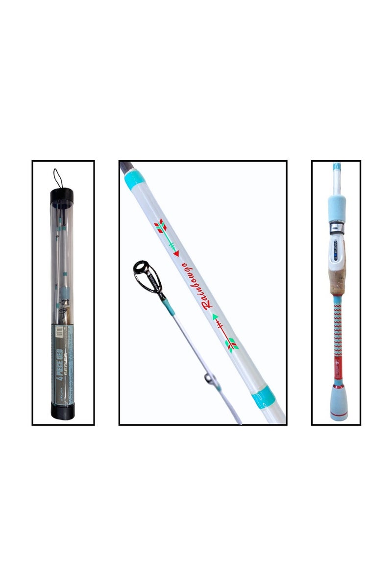 Oakura Rainbow 744MH Travel Spinning Rod 7.4ft Medium Heavy Action 4 Piece White Light Aqua Blue Lure 3/8-1oz Line 12 to 20lb Carbon Blank Cork Handle with Transparent Tube - Image 1