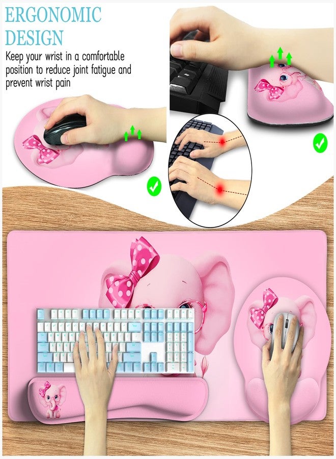 LIMKRIAN Elephant Mouse Pad Desk Mat Set, Kawaii Gaming Ergonomic Mouse Pad with Wrist Support Wrist Rest for Computer Keyboard Cup Coaster, Cute Elephant Office Supplies Desk Decor Accessories - Image 4