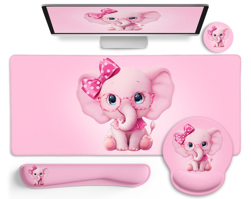 LIMKRIAN Elephant Mouse Pad Desk Mat Set, Kawaii Gaming Ergonomic Mouse Pad with Wrist Support Wrist Rest for Computer Keyboard Cup Coaster, Cute Elephant Office Supplies Desk Decor Accessories - Image 1