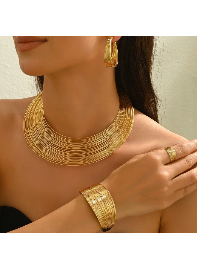 Ciara European and American multi-layer metal jewelry set with geometric line design, versatile collar, adjustable opening bracelet for women - Image 2