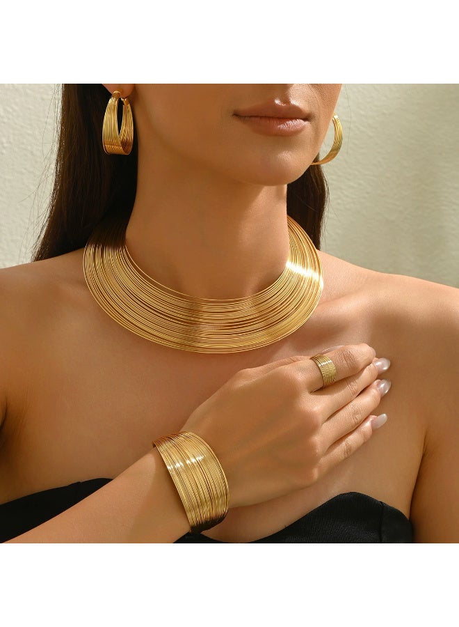 Ciara European and American multi-layer metal jewelry set with geometric line design, versatile collar, adjustable opening bracelet for women - Image 1