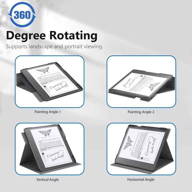 E NET-CASE غلاف لجهاز Kindle Scribe 10.2 بوصة إصدار 2022، غلاف قائم قابل للتعديل متعدد الزوايا ويدور 360 درجة لجهاز Kindle Scribe 10.2 بوصة، مزود بميزة النوم/الاستيقاظ التلقائي وحامل قلم، (أسود) - Image 2
