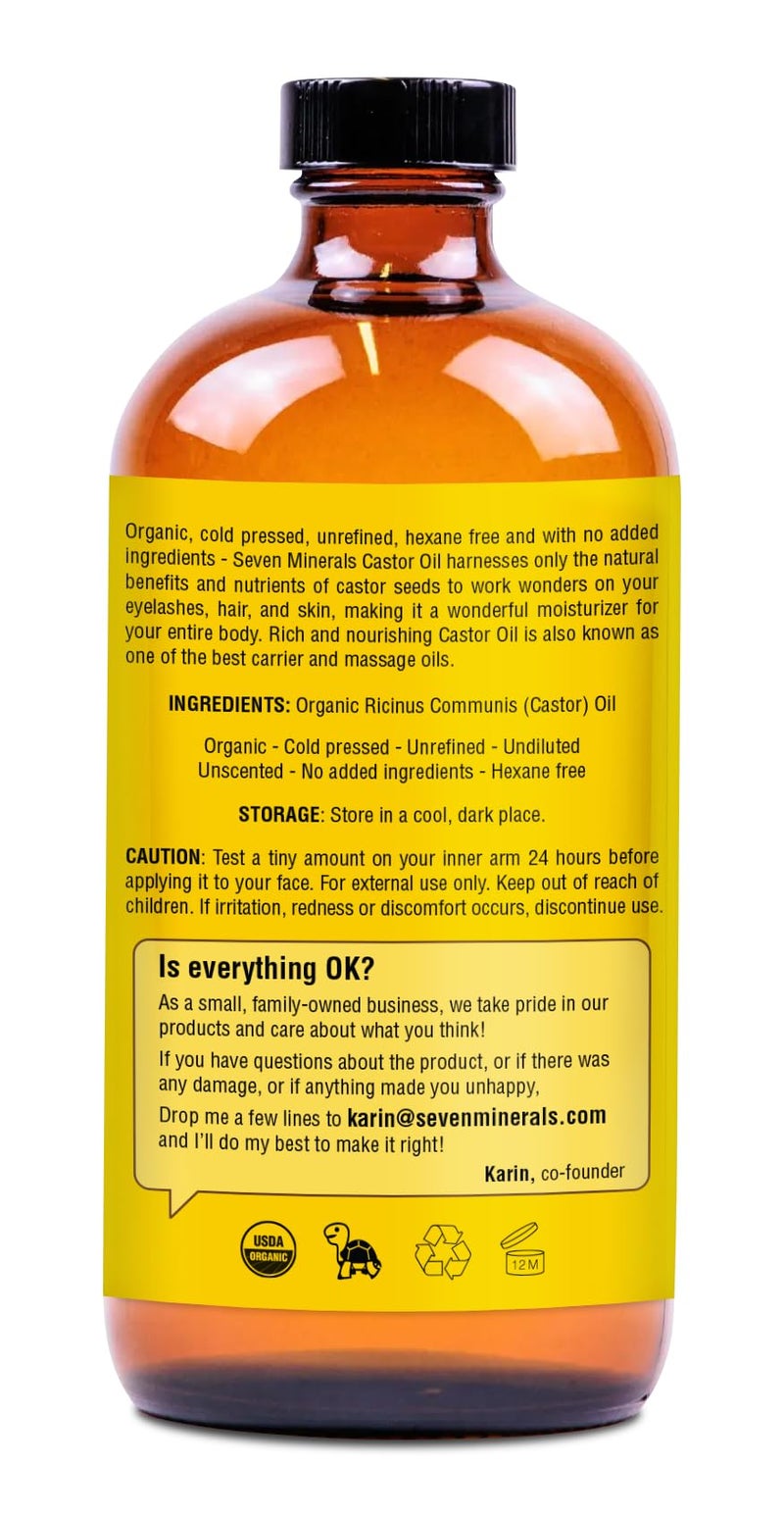 Seven Minerals New 16 fl oz Glass Bottle Castor Oil Organic Cold Pressed Unrefined Glass Bottle Pack - 100% Pure USDA Certified Organic Hexane Free - Image 5