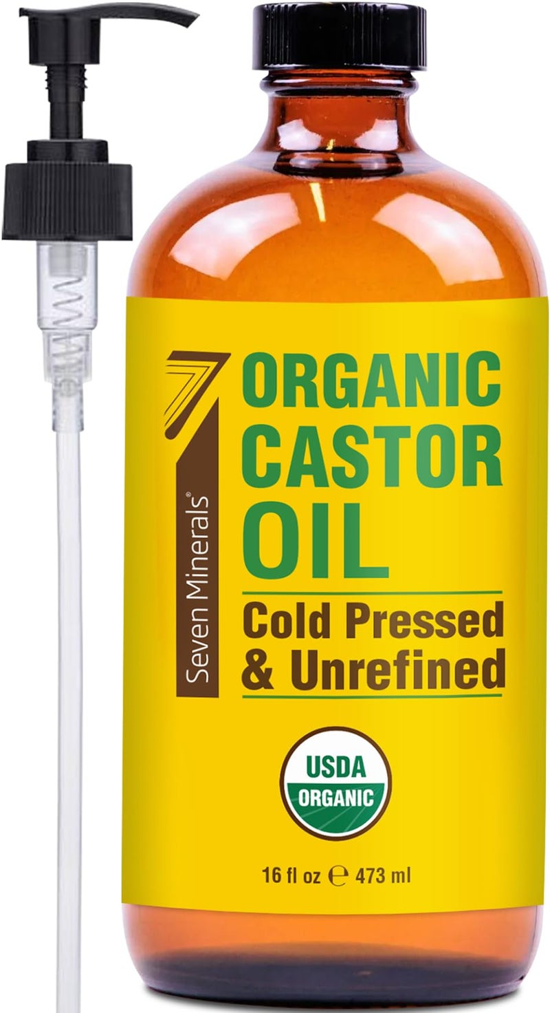 Seven Minerals New 16 fl oz Glass Bottle Castor Oil Organic Cold Pressed Unrefined Glass Bottle Pack - 100% Pure USDA Certified Organic Hexane Free - Image 1