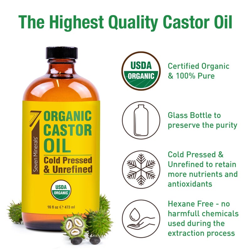 Seven Minerals New 16 fl oz Glass Bottle Castor Oil Organic Cold Pressed Unrefined Glass Bottle Pack - 100% Pure USDA Certified Organic Hexane Free - Image 3