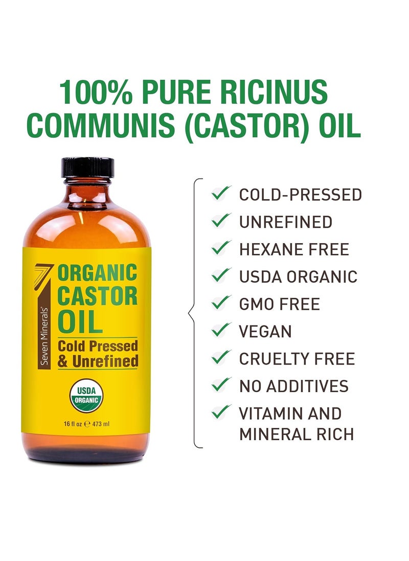 Seven Minerals - Seven Minerals New 16 fl oz Glass Bottle Castor Oil Organic Cold Pressed Unrefined Glass Bottle Pack - 100% Pure USDA Certified Organic Hexane Free - Image 1