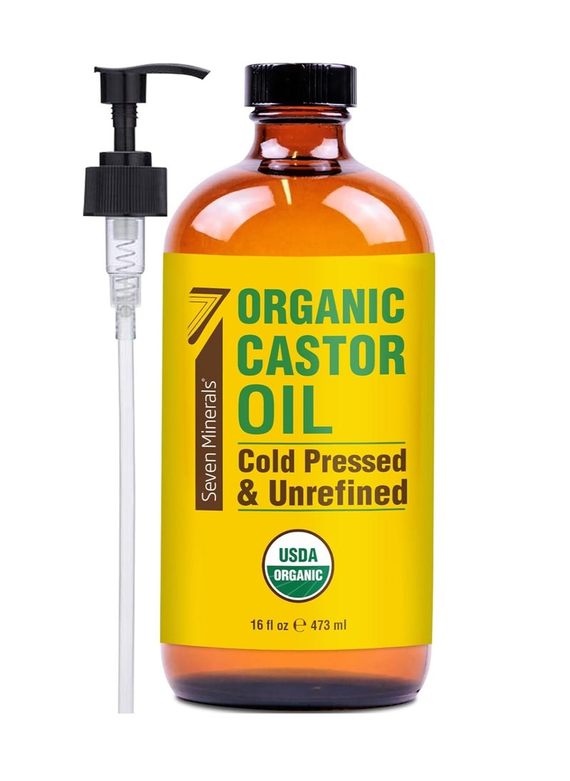 Seven Minerals - Seven Minerals New 16 fl oz Glass Bottle Castor Oil Organic Cold Pressed Unrefined Glass Bottle Pack - 100% Pure USDA Certified Organic Hexane Free - Image 1