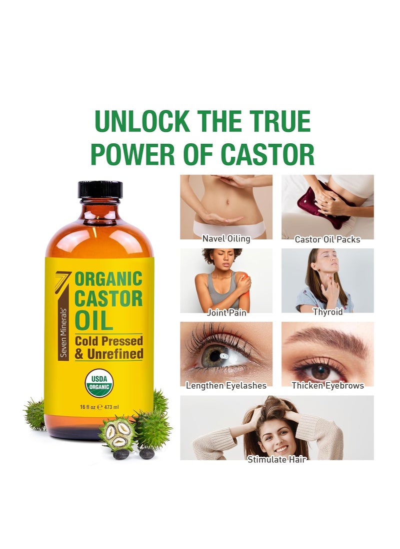 Seven Minerals - Seven Minerals New 16 fl oz Glass Bottle Castor Oil Organic Cold Pressed Unrefined Glass Bottle Pack - 100% Pure USDA Certified Organic Hexane Free - Image 1