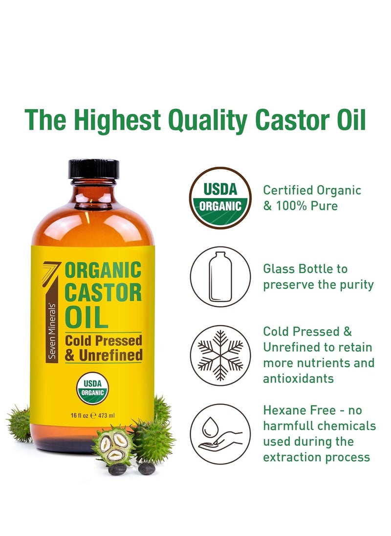 Seven Minerals - Seven Minerals New 16 fl oz Glass Bottle Castor Oil Organic Cold Pressed Unrefined Glass Bottle Pack - 100% Pure USDA Certified Organic Hexane Free - Image 1