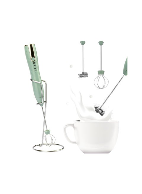 USB-C Rechargeable Handheld Milk Frother - 3 Speed Electric Whisk for Latte, Cappuccino, Egg, and Hot Chocolate - Includes 2 Heads and 1 Stand - Green Mini Foam Mixer