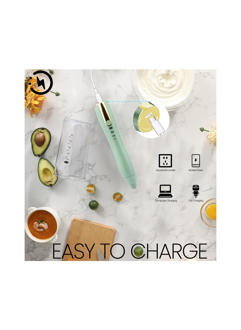 USB-C Rechargeable Handheld Milk Frother - 3 Speed Electric Whisk for Latte, Cappuccino, Egg, and Hot Chocolate - Includes 2 Heads and 1 Stand - Green Mini Foam Mixer