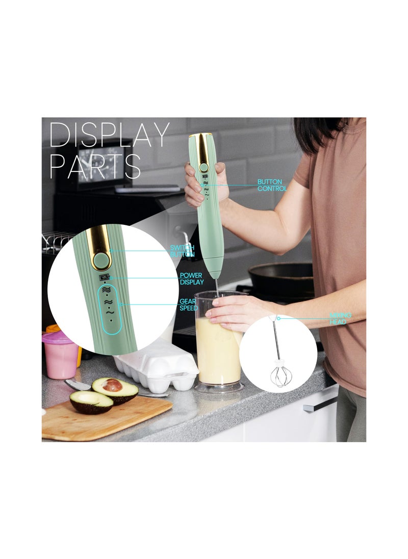 USB-C Rechargeable Handheld Milk Frother - 3 Speed Electric Whisk for Latte, Cappuccino, Egg, and Hot Chocolate - Includes 2 Heads and 1 Stand - Green Mini Foam Mixer