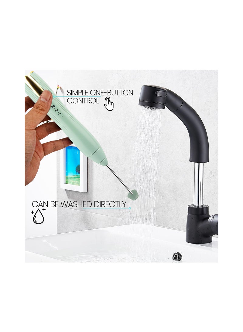 USB-C Rechargeable Handheld Milk Frother - 3 Speed Electric Whisk for Latte, Cappuccino, Egg, and Hot Chocolate - Includes 2 Heads and 1 Stand - Green Mini Foam Mixer