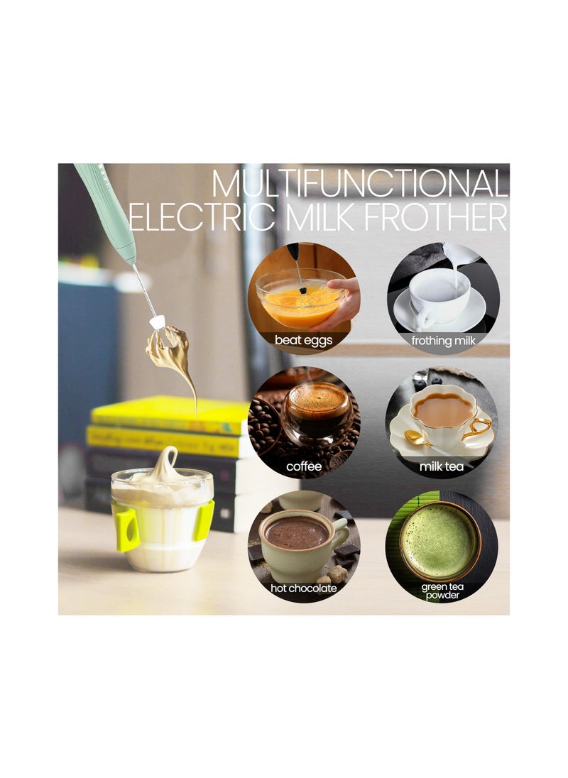 USB-C Rechargeable Handheld Milk Frother - 3 Speed Electric Whisk for Latte, Cappuccino, Egg, and Hot Chocolate - Includes 2 Heads and 1 Stand - Green Mini Foam Mixer
