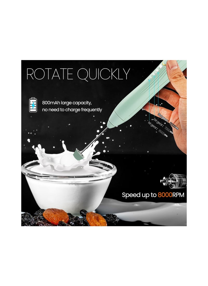 USB-C Rechargeable Handheld Milk Frother - 3 Speed Electric Whisk for Latte, Cappuccino, Egg, and Hot Chocolate - Includes 2 Heads and 1 Stand - Green Mini Foam Mixer