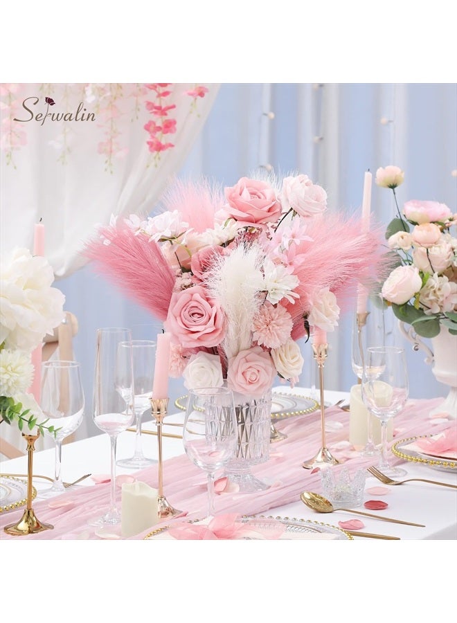 Serwalin Pampas Grass Pink Decor 17.7 Inch 6pcs, Faux Pampas Grass Home Decor, Artificial Pampas Grass Blush Fake Pampas, Short Vase Room - Image 3