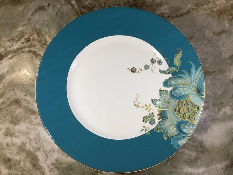 222 Fifth Eliza Porcelain Dinnerware Collection 11 Round Dinner Plates Set of 4 WhiteTeal - Image 1