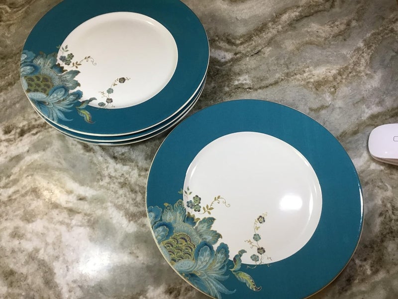 222 Fifth Eliza Porcelain Dinnerware Collection 11 Round Dinner Plates Set of 4 WhiteTeal - Image 4