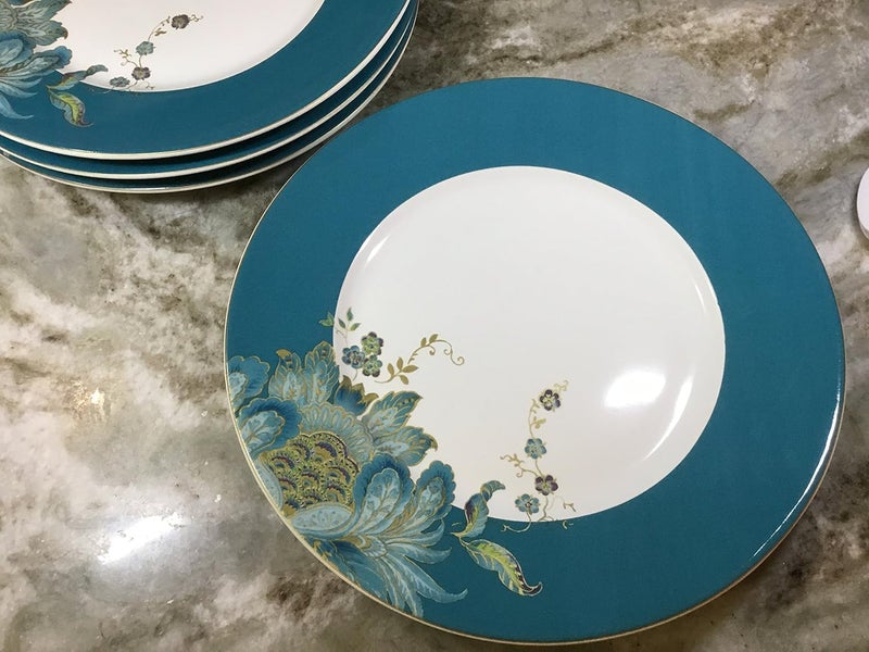 222 Fifth Eliza Porcelain Dinnerware Collection 11 Round Dinner Plates Set of 4 WhiteTeal - Image 2