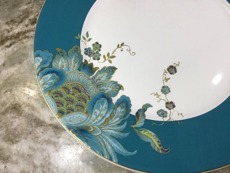 222 Fifth Eliza Porcelain Dinnerware Collection 11 Round Dinner Plates Set of 4 WhiteTeal - Image 5