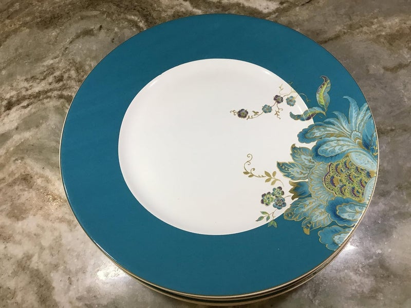 222 Fifth Eliza Porcelain Dinnerware Collection 11 Round Dinner Plates Set of 4 WhiteTeal - Image 3