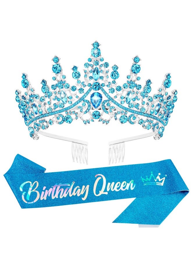 Velscrun Blue Crystal Birthday Queen Tiara Crown For Women Girls Birthday Queen Headband Sash Elegant Princess Crown With Combs Hair Accessories Happy Birthday Party Decorations Mom Birthday Gift  - Image 1