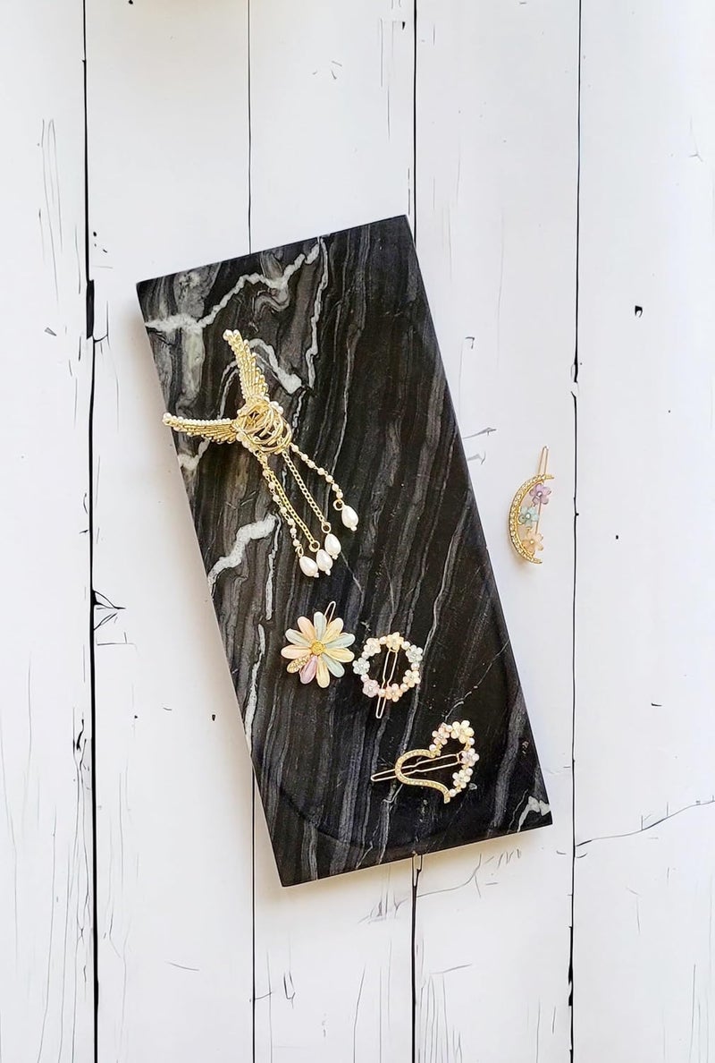 RM Marble Tray Rectangle Shape Marble Tray with Black White Texture for Bathroom Living Room Kitchen Serving Dining Table Jewellery Candle Perfume Cosmetic Organizer Vanity Platter - Image 1