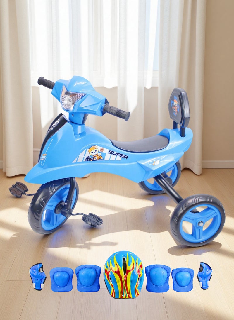 Kids Tricycle with Light & Music - Baby Bicycle Ride-On Toy, Color Options: Blue, Red, Pink Package Include Full Protective Gear Set - Image 1