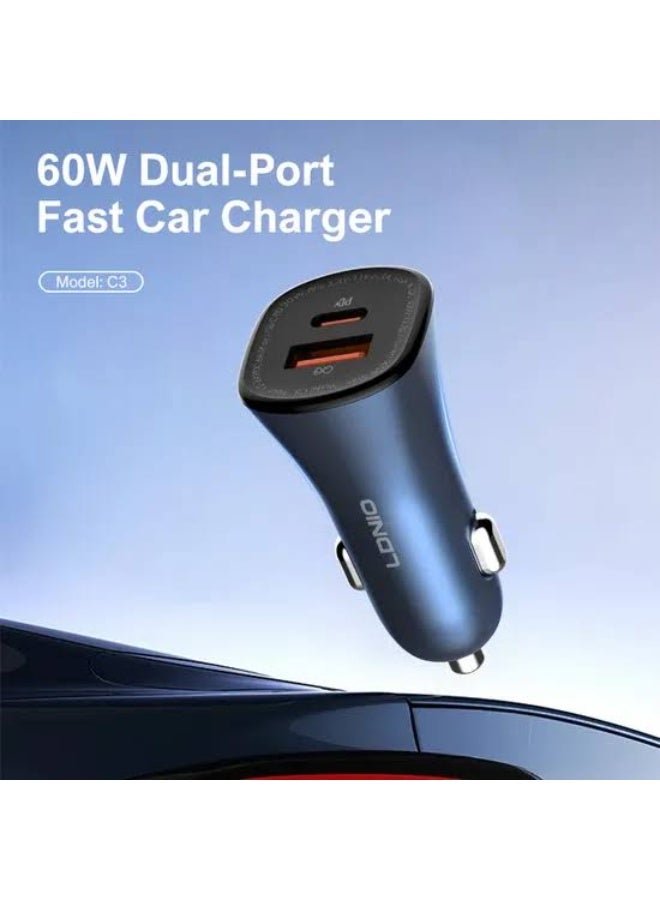 LDNIO 60W Dual Port PD and QC Super Fast Car Charger, USB-C Power Delivery 30W and USB-A Quick Charge 30W Car Charging Adapter for iPhone, Samsung Galaxy, Android Phones, Tablets, GPS Devices and Mobile Accessories, Compact 12V-24V Vehicle Charger with Advanced Safety Protection - Image 3
