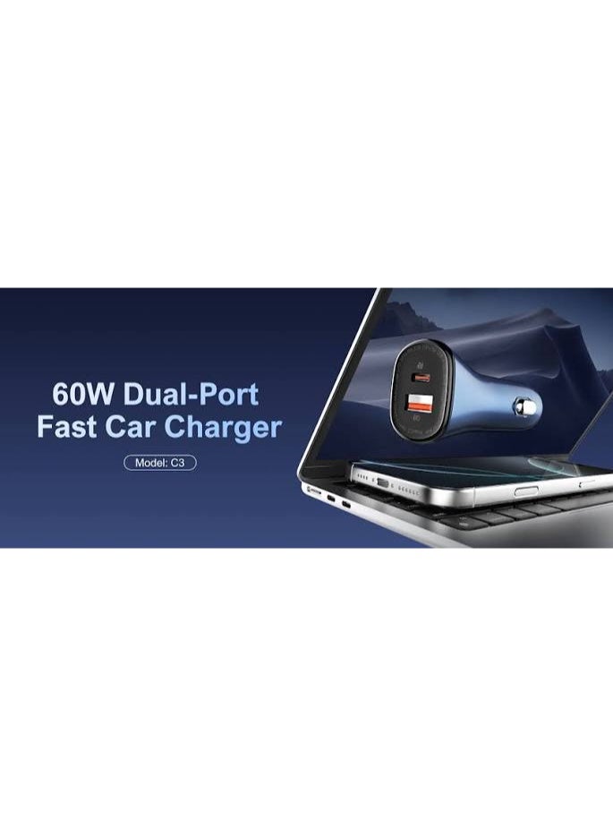LDNIO 60W Dual Port PD and QC Super Fast Car Charger, USB-C Power Delivery 30W and USB-A Quick Charge 30W Car Charging Adapter for iPhone, Samsung Galaxy, Android Phones, Tablets, GPS Devices and Mobile Accessories, Compact 12V-24V Vehicle Charger with Advanced Safety Protection - Image 2